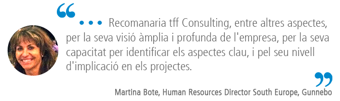 "…Recomanaria tff Consulting, entre altres aspectes, per la seva visió àmplia i profunda de l'empresa, per la seva capacitat per identificar els aspectes clau, i pel seu nivell d'implicació en els projectes." Martina Bote, Human Resources Director South Europe, Gunnebo